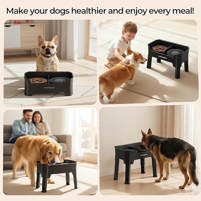 URPOWER Mess Proof Elevated Dog Bowls 4 Height Adjustable Raised Stand with No Spill Water Bowl and Slow Feeder Dog Bowls Non-Slip Food and Water Bowl Set for Small, Medium & Large Dogs