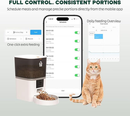 6L Automatic Cat Feeder with Camera – WiFi Smart Pet Feeder for Cats & Dogs, HD Video with Night Vision, App Control, 2-Way Audio, Portion Scheduling – White