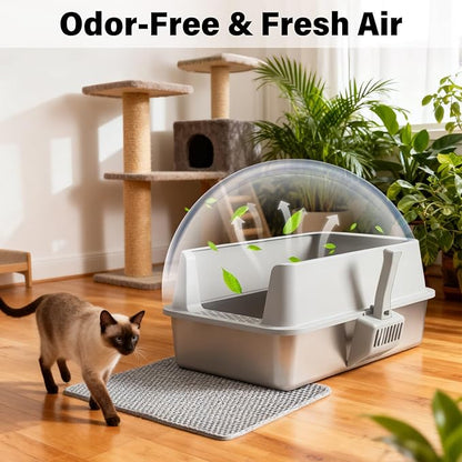 Stainless Steel Litter Box with Lid, XLarge Metal Litter Box for Big Cats, High-Sided Cat Litter Boxes for Anti Urine Splash, Odor Control, Non-Stick & Easy to Clean, Includes Scoop and Mat