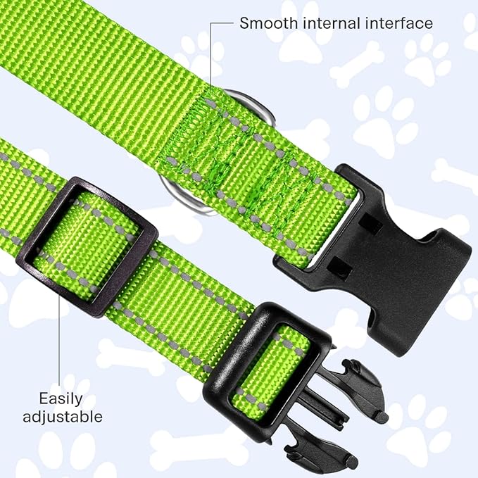 FunTags Reflective Dog Collar, Sturdy Nylon Collars for Small Girl and Boy Dogs, Adjustable Dog Collar with Quick Release Buckle, Green