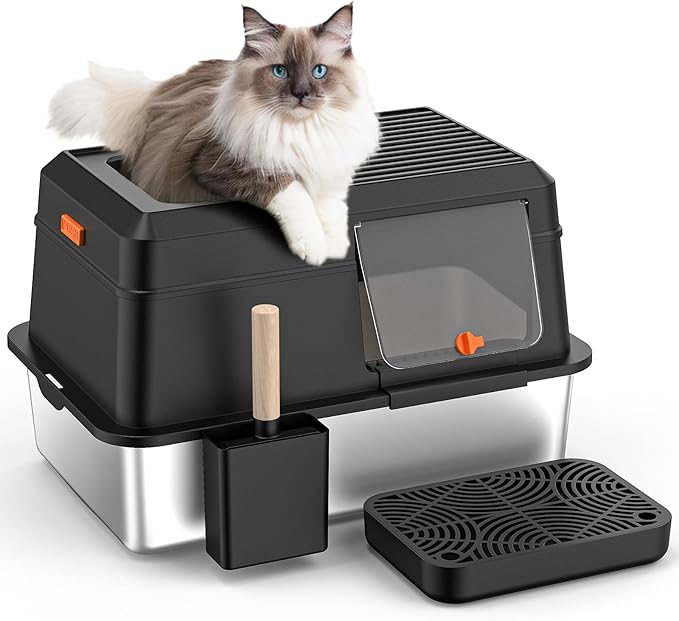 Removable Stainless Steel Cat Litter Box with lid, Side & Top Entry Kitty LitterBox，Cat Litter Box Enclosure, XL Extra Large High-Sided Metal Cat Box with Scoop, Footboard (Black)