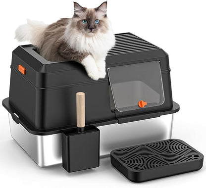 Removable Stainless Steel Cat Litter Box with lid, Side & Top Entry Kitty LitterBox，Cat Litter Box Enclosure, XL Extra Large High-Sided Metal Cat Box with Scoop, Footboard (Black)