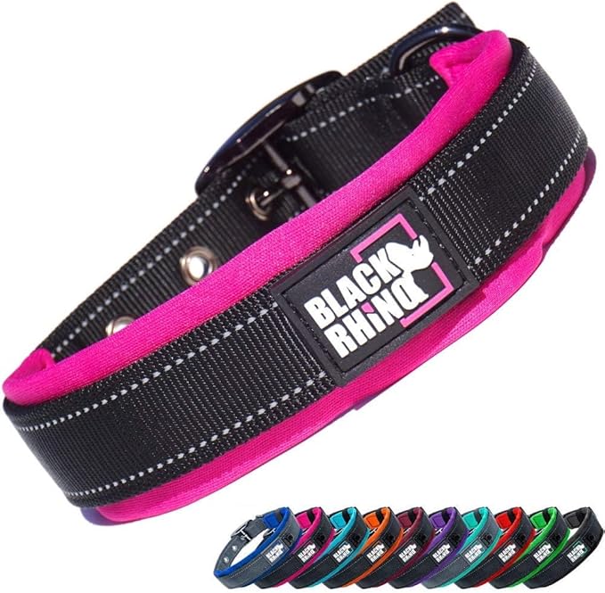 Black Rhino Dog Collars for Medium Dogs - Adjustable Reflective Heavy Duty Dog Collar with Ultra-Soft Neoprene Padding - Weatherproof, Durable, and Comfortable - Ideal for Active Dogs - Pink and Black