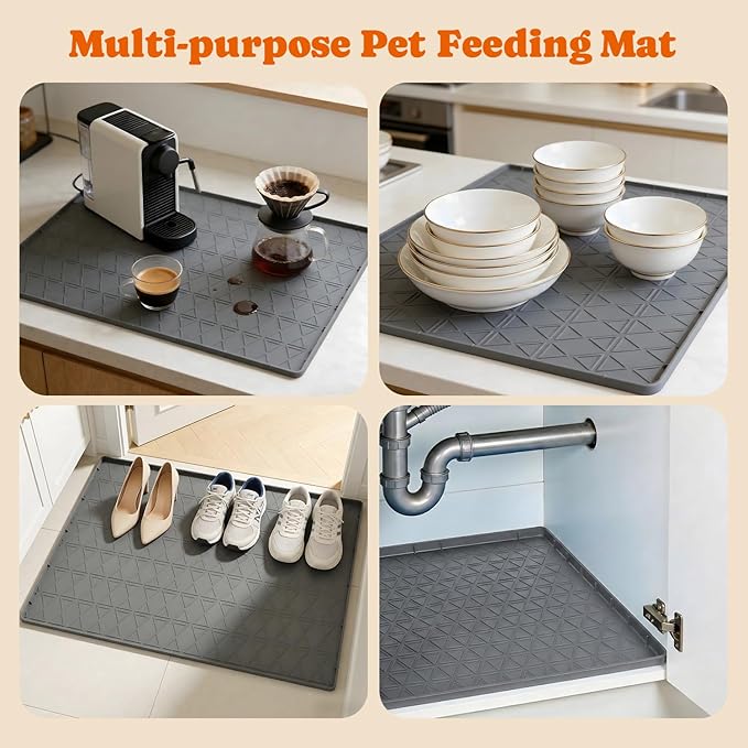 Large Silicone Dog Food Mat with Raised Edge, Waterproof Non-Slip Pet Feeding Mat for Floors, Dog Bowl Mat for Food and Water, Spill Proof Cat & Dog Feeding Placemat, Easy Clean, 34 x 22, Gray