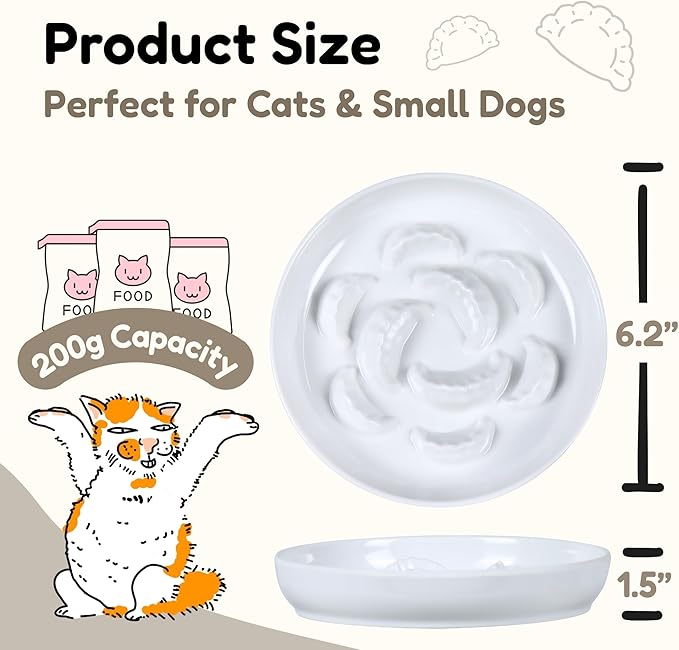2 Pcs Cat Slow Feeder Bowl Set - Unbreakable Melamine Puzzle cat Bowl for Slow Eating - Cat Dish for Wet & Dry Food- Whisker Friendly & Dishwasher Safe & Non Slip Design - 6.3''W x 1.2''H (White*2)