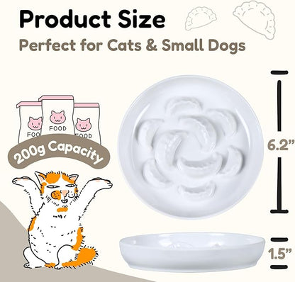 2 Pcs Cat Slow Feeder Bowl Set - Unbreakable Melamine Puzzle cat Bowl for Slow Eating - Cat Dish for Wet & Dry Food- Whisker Friendly & Dishwasher Safe & Non Slip Design - 6.3''W x 1.2''H (White*2)