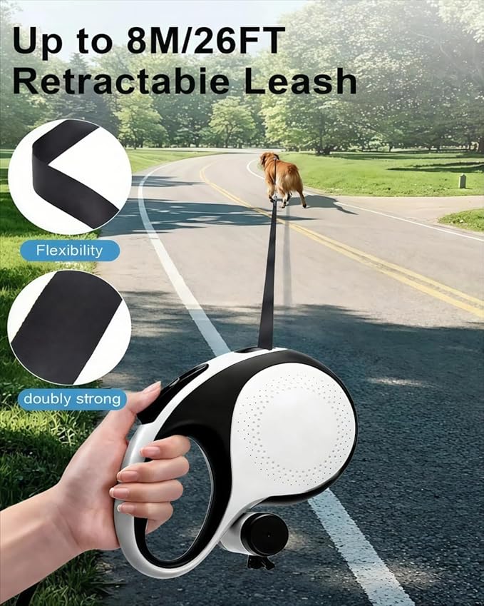 360° Tangle-Free Retractable Dog Leash with Chew Proof Extender | 26ft Upgraded Heavy Duty Retractable Dog Leash with Poop Bag Holder | One-Handed Brake, Pause, Lock (Extra Large, White)