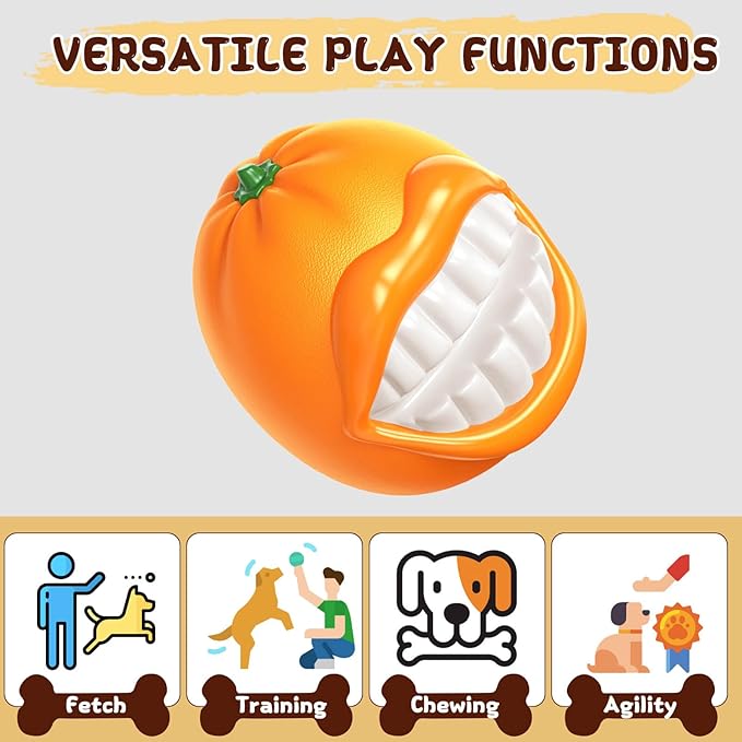 Indestructible Dog Squeaky Ball - Tough Chew Toy for Aggressive Chewers, Medium/Large Dogs Fetch Toy for Indoor, Outdoor & Water Play - Orange