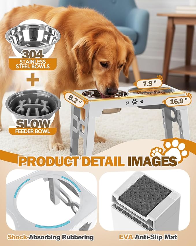 Elevated Dog Bowls for Medium Large Size Dogs, Non-Slip Dog Feeder with 1*Stainless Steel Dishes & 1*Slow Feeder Bowl, 5 Heights Adjustable Raised Bowls to 3.15″-8.66″-9.84″-11.02″-12.2″