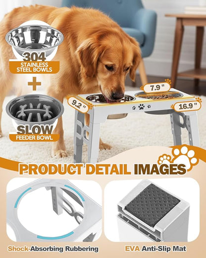Elevated Dog Bowls for Medium Large Size Dogs, Non-Slip Dog Feeder with 1*Stainless Steel Dishes & 1*Slow Feeder Bowl, 5 Heights Adjustable Raised Bowls to 3.15″-8.66″-9.84″-11.02″-12.2″