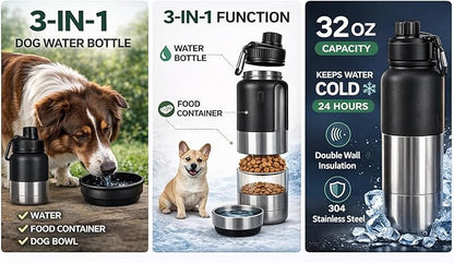 Portable Dog Water Bottle with Built-in Bowl, Leakproof Pet Travel Water Dispenser, 32oz Stainless Steel Dog Water Bottle for Walking, Hiking, Camping & Outdoor Travel