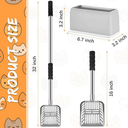 Hortsun 32 Inch Cat Litter Scooper Metal Long Handle with Cat Litter Scoop Holder Deep Kitty Sifter Shovel Detachable Stainless Steel Poop Sifter Scooper Caddy Kitty with Box(Gray)
