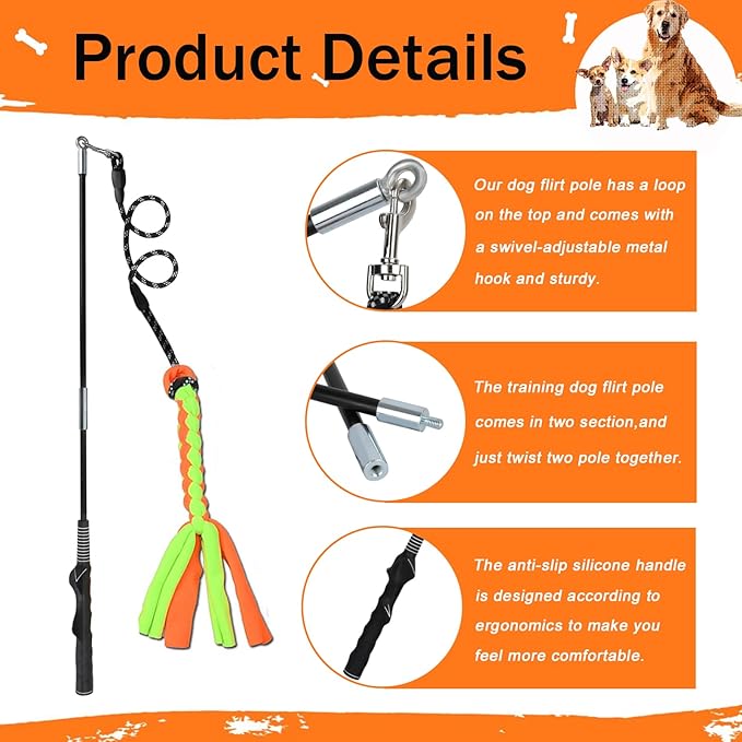 Flirt Pole for Dogs, Interactive Dog Toys Teaser Wand Play Pole with Fleece Rope Lure Chewing Toy for Small Medium Large Dogs Puppy Outdoor Exercise & Training