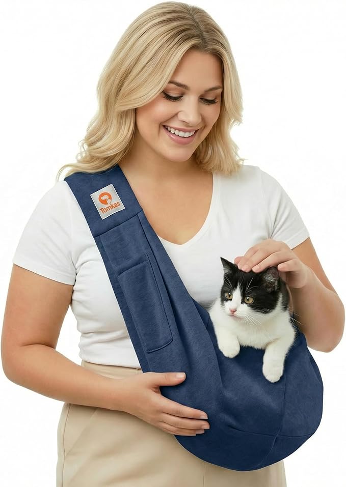 Tomkas Small Dog Cat Sling Carrier Puppy Purse Travel Wrap Soft Crossbody Pet Bag (Dark Blue, M - Classic Pocket & Classic Strap)