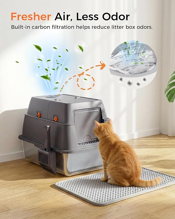 GTPLAYER XXL Stainless Steel Cat Litter Box with Lid, High Sided Enclosed Covered Litterbox, Activated Carbon Odor Control, Extra Large Metal Cat Box, Non-Stick, with Mat & Scoop, Grey