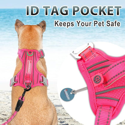 BARKBAY No Pull Dog Harness 3 Buckles Large Reflective Dog Harness with Front Clip and Easy Control Handle for Walking Training Running with ID tag Pocket(Pink,S)
