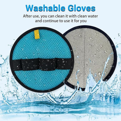 4Pack Pet Hair Removal Glove for Cats and Dogs, Four-Finger Circular Design with Soft Lining and Hanging Loop, Reusable Pet Grooming Gloves for Clothing, Carpet, Car Seats (Blue)