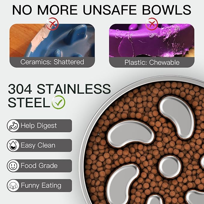 Slow Feeder Dog Bowl-3Cups for Large Breeds, Double Wall Food-Grade Stainless Steel, Heavy Duty with Non-Slip Rubber Base, Puzzle Maze Bowl to Slow Down Eating