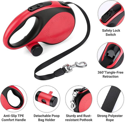 Segarty 26 Ft Walking Lead with Poop Bag Holder for Pet 66 lbs - 110 lbs, 8m Heavy-Duty Retractable Long Leash 360°Tangle-Free with Anti-Slip Handle, One-Handed Brake Pause Lock for Medium Large Dogs
