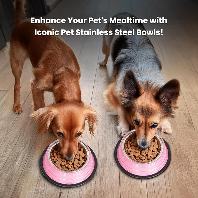 Iconic Pet Color Splash Stripe Non-Skid Stainless Steel Dog & Cat Bowl - Pink, 24 Oz, 3 Cup, Durable, Easy to Clean, Anti-Slip Feeding Dish for Food & Water, Stylish Design for Dogs and Cats