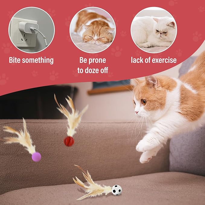Andiker 3PCS Cat Bouncy Ball with Feather, Colorful Cats Feather Ball Toy Set with Good Elastic for Exercising Chasing Chewing to Reduce Anxiety Interactive Kitten Toys for Indoor Cats (Small, Sport)