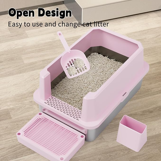 RIZZARI Large Cat Litter Box: Pink Heavy-Duty 304 Stainless Steel Open Pan - High Sides Prevent Leaks - Odor-Free & Easy Clean - Teflon Non-Stick Coating - Ideal for Big Cats in Apartments & Bathrooms
