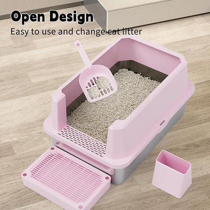 RIZZARI Large Cat Litter Box: Pink Heavy-Duty 304 Stainless Steel Open Pan - High Sides Prevent Leaks - Odor-Free & Easy Clean - Teflon Non-Stick Coating - Ideal for Big Cats in Apartments & Bathrooms