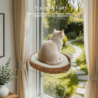 2 Ways Cat Window Perch with Solid Wood Frame, Wicker Design Cat Window Seat with 4 Suction Cups, Window Hammock for Cats Inside with Removable Cusion, Cat Hammock for Window & Wall