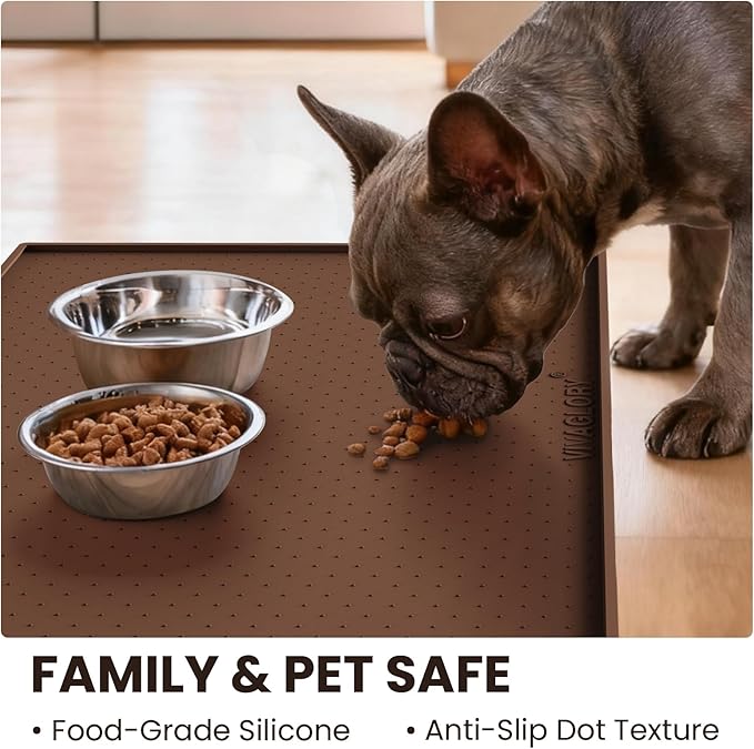 VIVAGLORY Dog Bowl Mat Grippymat Pet Food Mat, Waterproof Washable Nonslip Silicone for Pet & Cat, Food and Water Placemat with Lip & Raised Edges for Indoor Floor, S, Chocolate