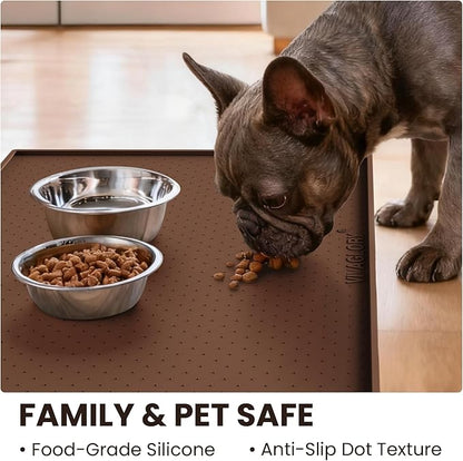 VIVAGLORY Dog Bowl Mat Grippymat Pet Food Mat, Waterproof Washable Nonslip Silicone for Pet & Cat, Food and Water Placemat with Lip & Raised Edges for Indoor Floor, S, Chocolate