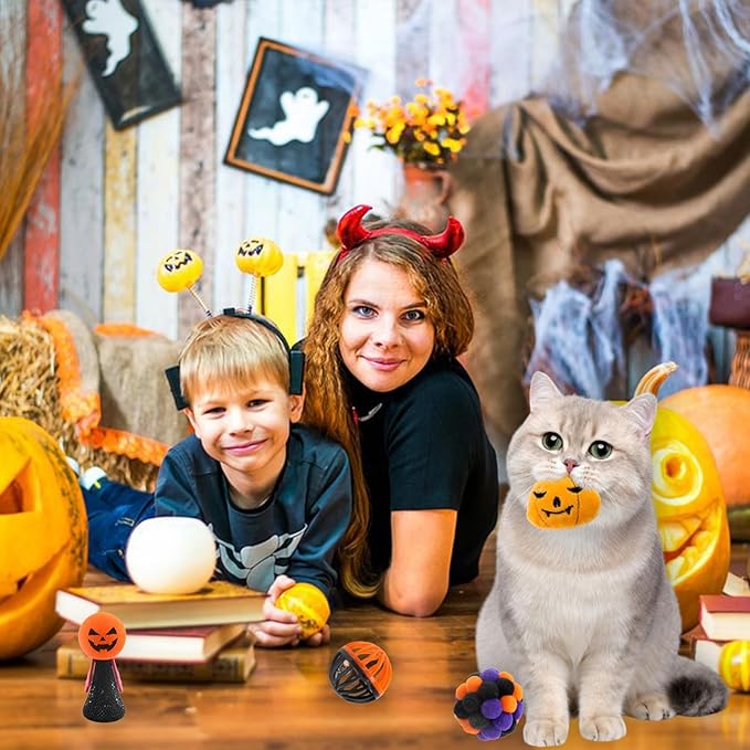 Halloween Cat Tunnel with Toys Set, Gothic Interactive Kitten Toy for Indoor Cats Kitty, Kitten Tube Tent, Feather Wand Teaser Bell Fuzzy Ball Springs Mouse for Small Animals (A, 23.3X15X112.3CM)