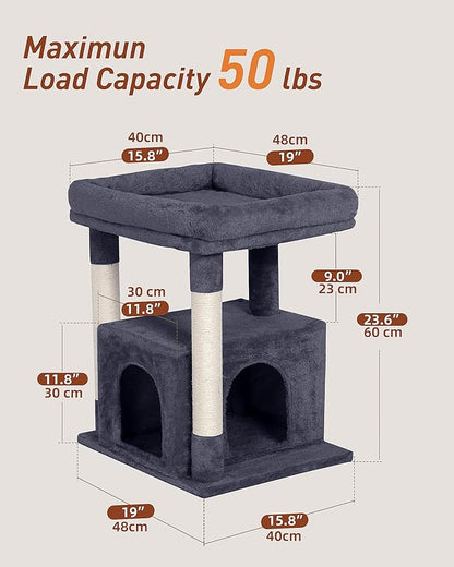Cat Tree for Large Cat, 19 * 15.8in Large Perch Bed for Adult Cats, 23.6in Cat Tower with Scrathing Post, Cat Condo with 2-Door for Indoor Cats, Dark Gray