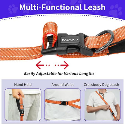 Kazazoo Hands-Free Dog Leash with Adjustable Length 6-9FT + Dual Padded Handles Reflective Safety for Walking, Jogging & Training | Suitable for Medium to Large Dogs & Puppies Orange-L