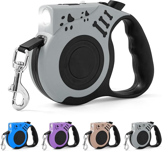 Retractable Dog Leash with USB Rechargeable Flashlight for Night Walks, 16FT Automatic Telescopic Tractor Dog Leash for Small and Medium Dogs, Grey