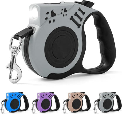 Retractable Dog Leash with USB Rechargeable Flashlight for Night Walks, 16FT Automatic Telescopic Tractor Dog Leash for Small and Medium Dogs, Grey