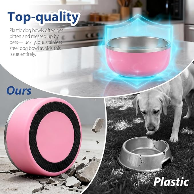 Dog Bowl, Stainless Steel Dog Bowls for Food and Water, Metal Pet Feeding Bowl with Insulated Non-Slip Quiet Bottom, Easy to Clean, Dishwasher Safe, 64oz,8 Cup | Pink