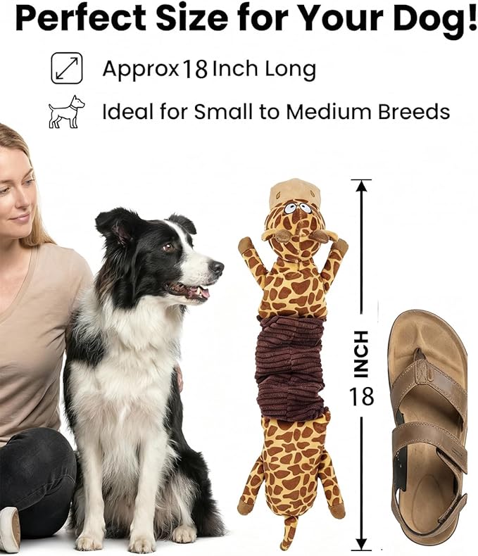 3-in-1 Squeaky Dog Toys for Chewers, Dual Squeaker, Crinkle Sound, Stretchy Spring Band - Durable Interactive Plush Puppy Toys for Boredom, Small Medium Large Breed (Giraffe)