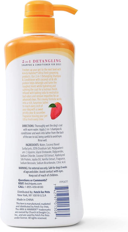 Arm & Hammer Ultra Fresh 2 in 1 Detangling Dog Shampoo and Conditioner with Baking Soda Deodorizer, Moisturizing Pet Wash for Tangles and Odor Control, Cucumber Prickly Pear Scent, 24 Fl Oz