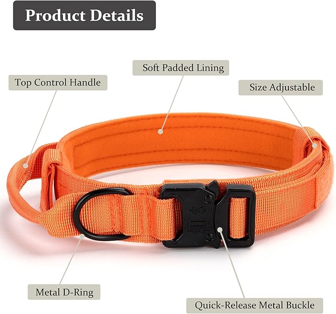 Tactical Dog Collar, Adjustable Military Training Nylon Dog Collar with Control Handle and Heavy Quick-Release Metal Buckle for Small Medium Large Dogs, Orange S