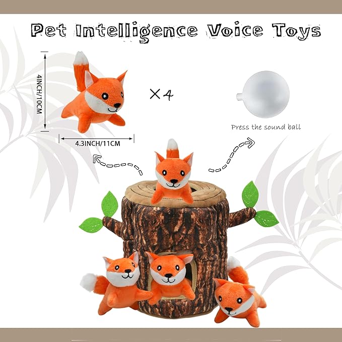 Hide and Seek Dog Toys Squeaky Fox Plush Toy with Crinkle Trunk, Interactive Dog Toy to Keep Them Busy Pet Teeth Clean Chew Toys for Small & Medium Dogs (Tree Trunk Hideout with 4 Fox)