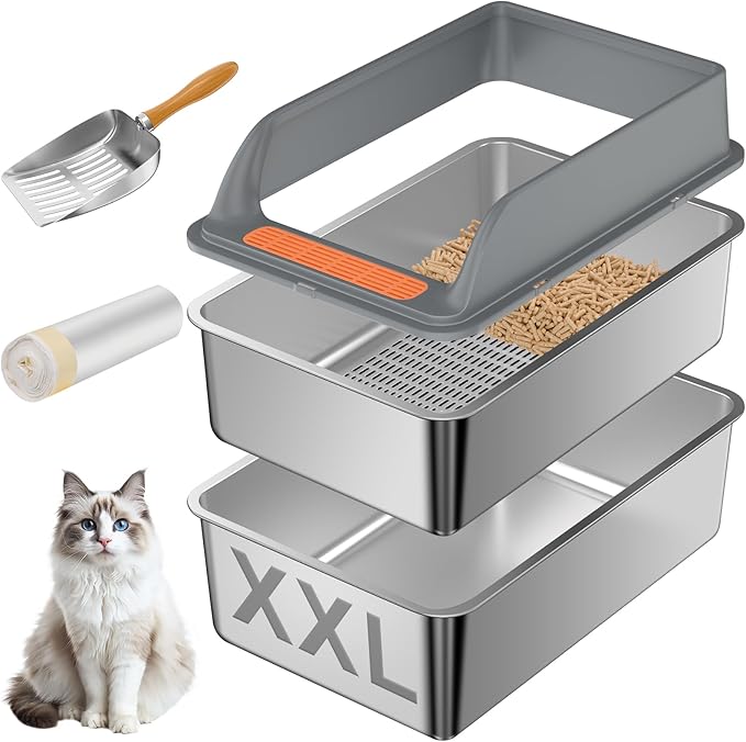 Stainless Steel Sifting Litter Box with Lid, XXL Extra Large Sifting Cat Litter Box for Pine Pellets & Big Cats,Metal Pellet Sifter Litter Pan System for Odor Control,Sifting Box Liners & Scoop