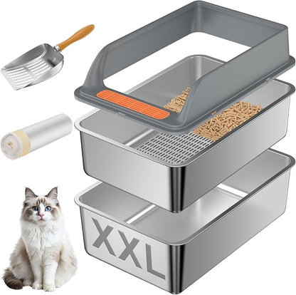 Stainless Steel Sifting Litter Box with Lid, XXL Extra Large Sifting Cat Litter Box for Pine Pellets & Big Cats,Metal Pellet Sifter Litter Pan System for Odor Control,Sifting Box Liners & Scoop