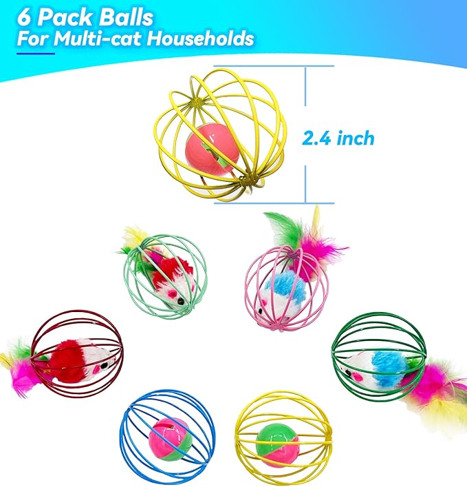 Cat Toys 6 Packs Cat Ball Toys for Indoor Cats and Kittens, Metal Cage Balls with Mice & Bells, Interactive Cat Toys Bell Balls, Mouse Toys, Kitten Toys Promote Physical Exercise