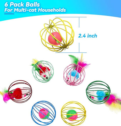 Cat Toys 6 Packs Cat Ball Toys for Indoor Cats and Kittens, Metal Cage Balls with Mice & Bells, Interactive Cat Toys Bell Balls, Mouse Toys, Kitten Toys Promote Physical Exercise