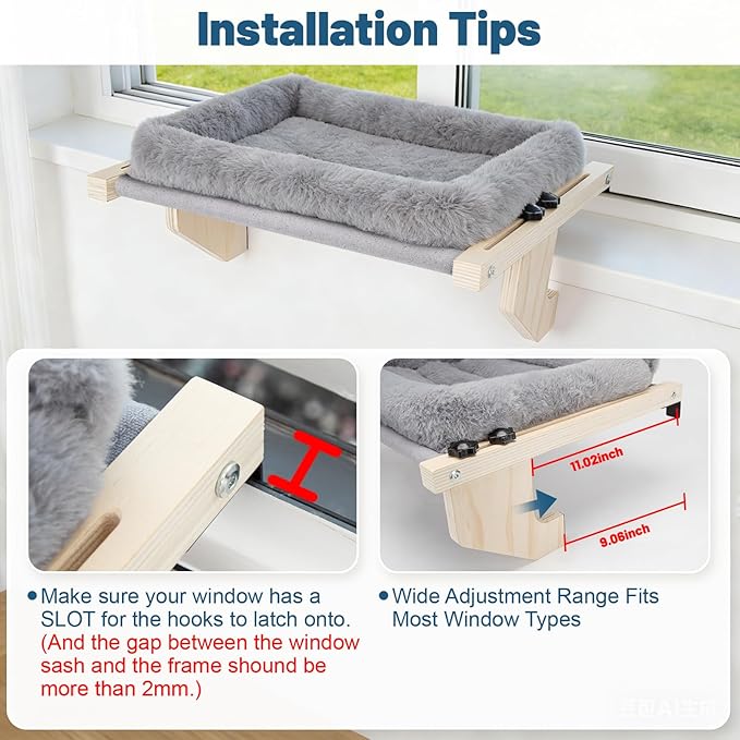 Cat Sill Window Perch - 100% Natural Pine Frame, Soft Rabbit Fur Cushion, Tool-Free Adjustment, Supports 40 lbs (Medium-Grey)