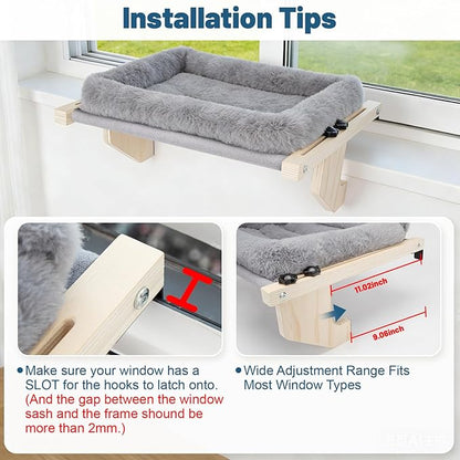 Cat Sill Window Perch - 100% Natural Pine Frame, Soft Rabbit Fur Cushion, Tool-Free Adjustment, Supports 40 lbs (Medium-Grey)