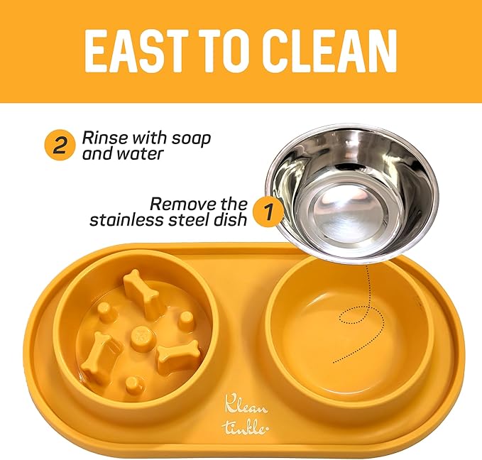 Pets Anti-Skid Dog Bowl Set - Removable Double Slow Feeder With Non-Skid Silicone Mat - Stainless Steel Water Bowl for Cats & Pets (Yellow)