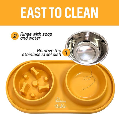 Pets Anti-Skid Dog Bowl Set - Removable Double Slow Feeder With Non-Skid Silicone Mat - Stainless Steel Water Bowl for Cats & Pets (Yellow)