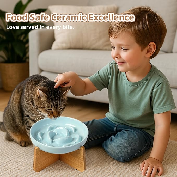 Elevated Slow Feeder Cat Bowl - Ceramic Cat Food Dish with Anti-Slip Bamboo Stand - Whisker Friendly Feeding Bowl - Raised Maze Plate for Slow Down Eating - Ivory White