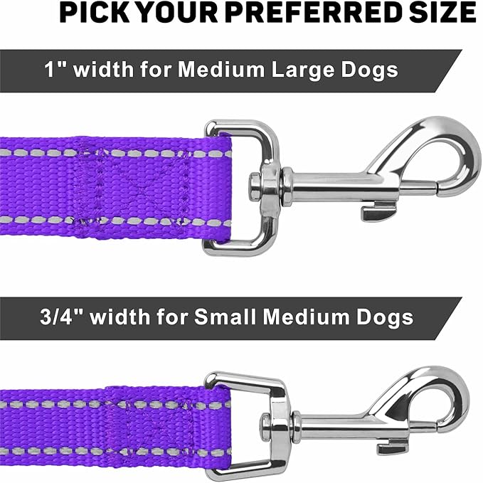 Reflective Dog Leash 6ft Soft Padded Handle Nylon Lead for Small & Medium Dogs, Durable Walking Training Leash for Night Safety (Purple,3/4Inch Wide)